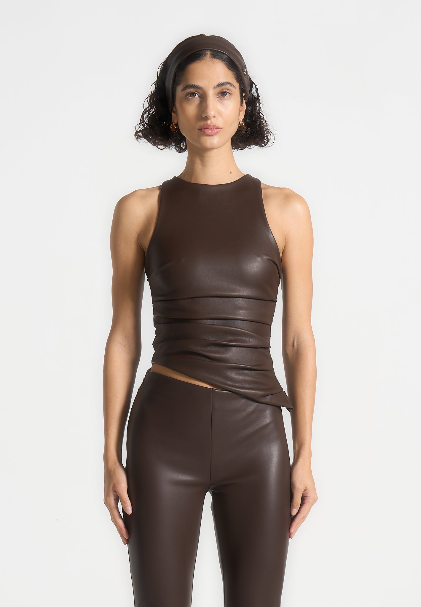 Leather Asymmetric Tacked Racer Top - Brown