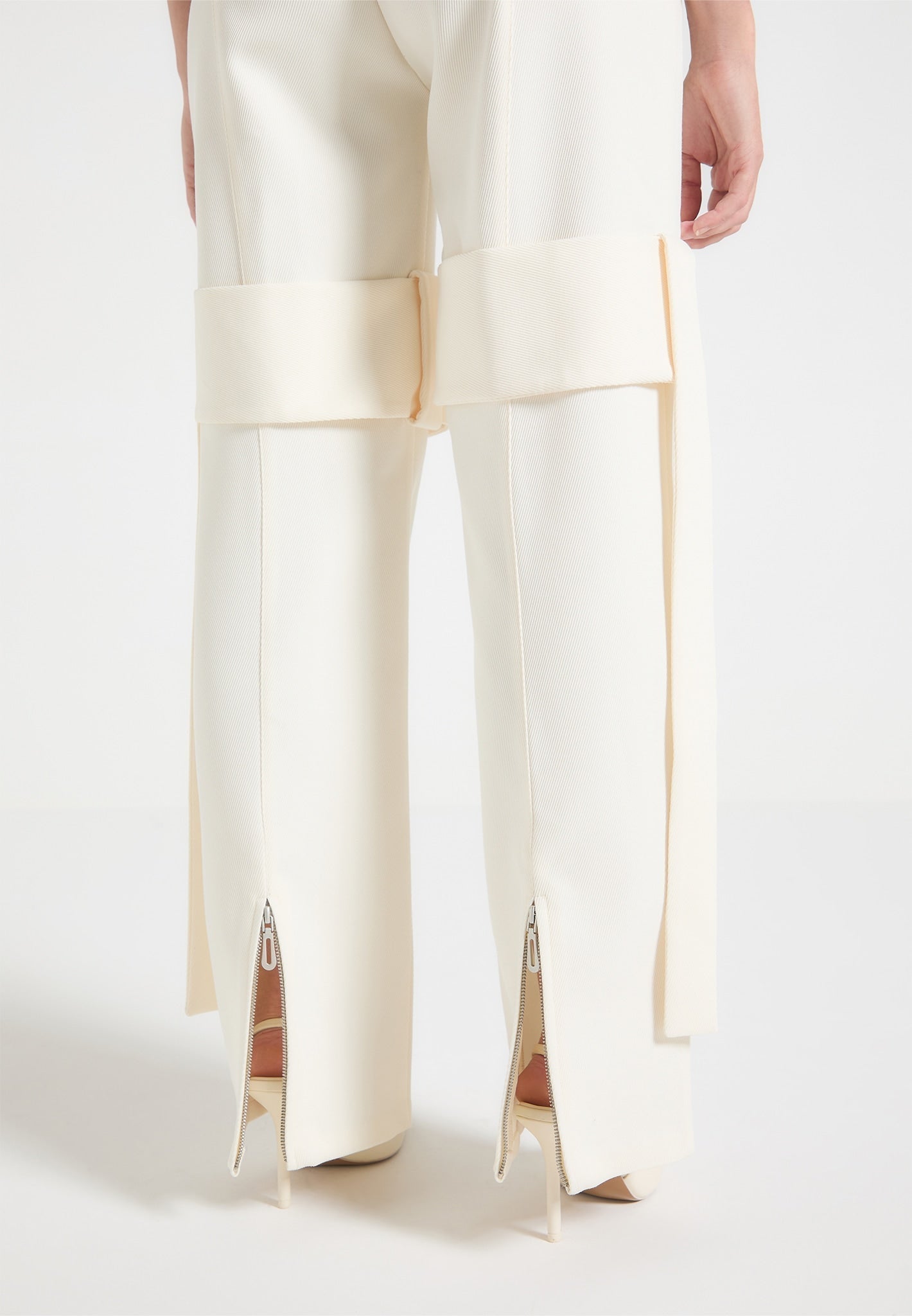 Tailored Belted Strap Detail Trousers - Cream