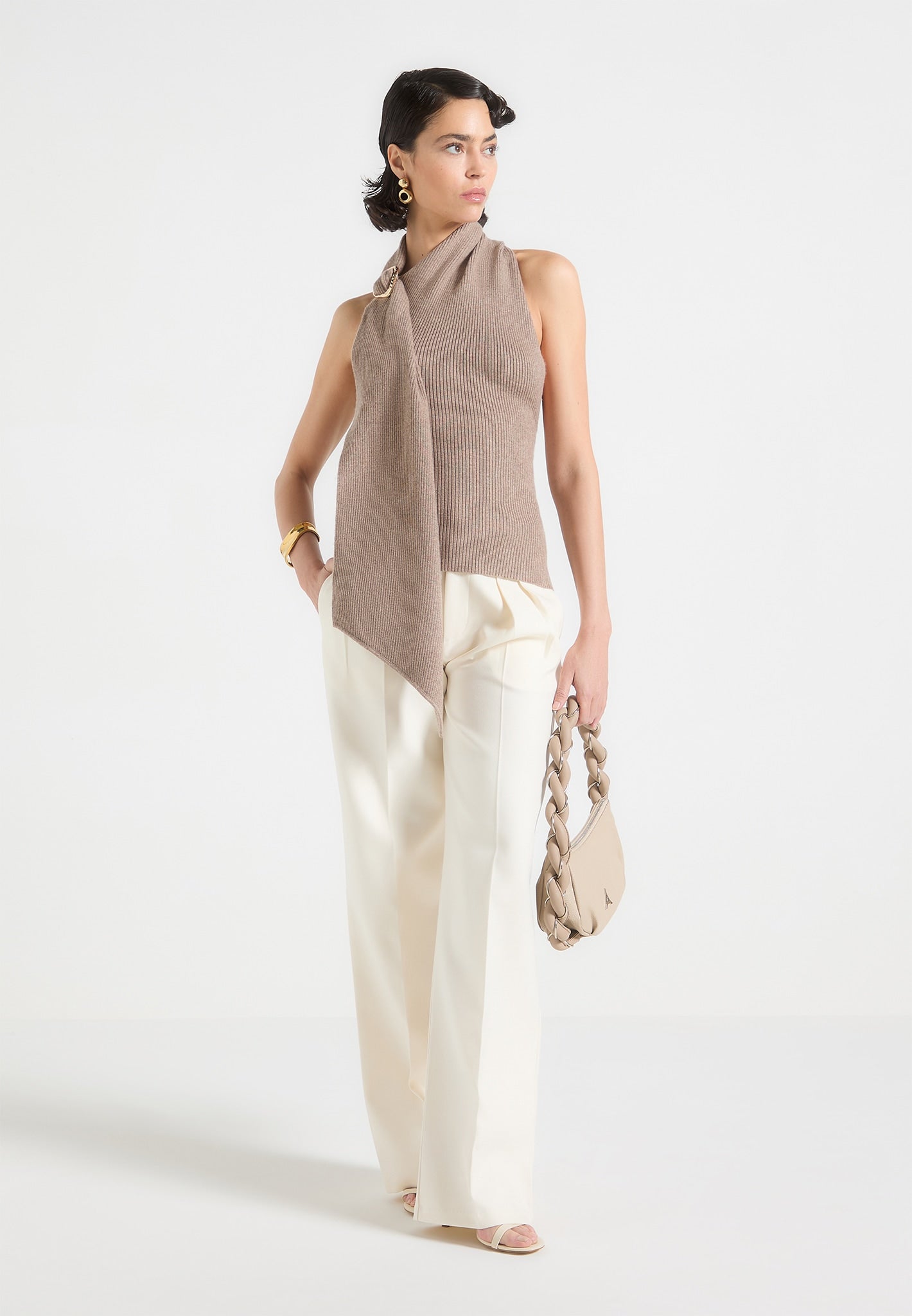 Knitted Draped Halterneck Top - Taupe
