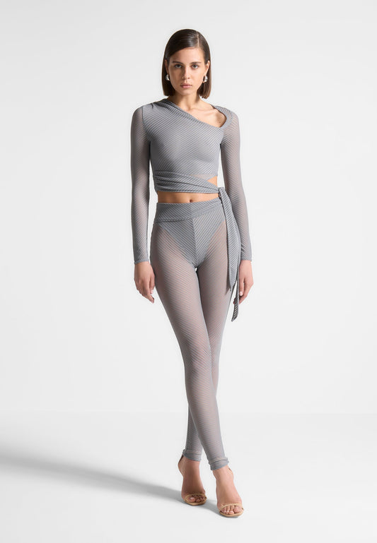 Ribbed Sheer Top with Tie - Grey