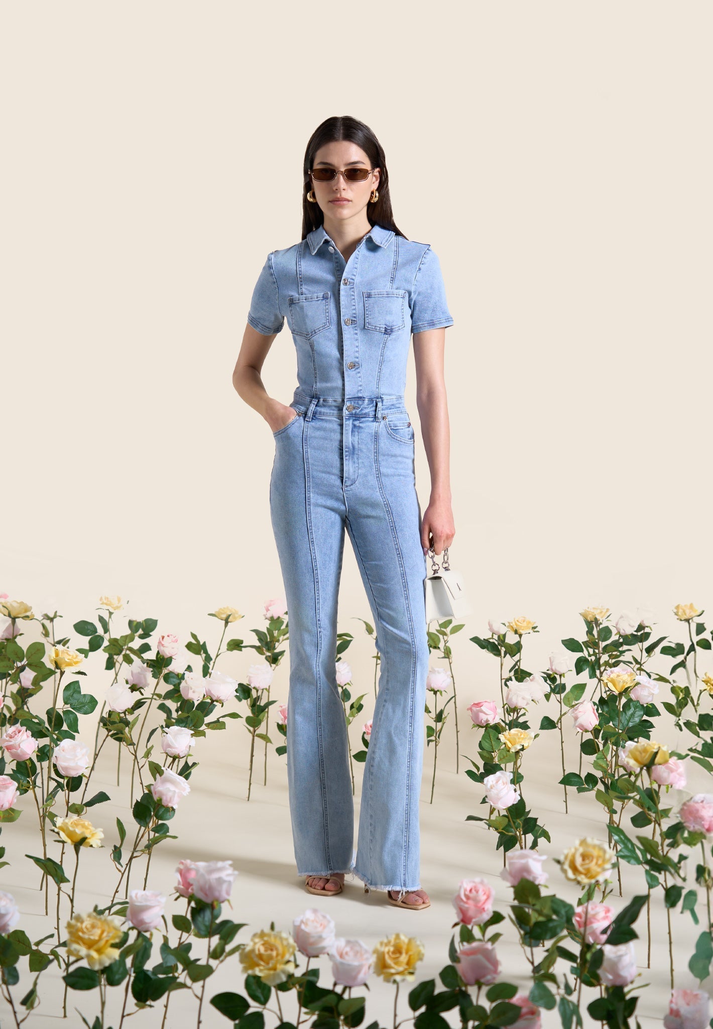 Mini Flared Denim Jumpsuit - Mid Blue
