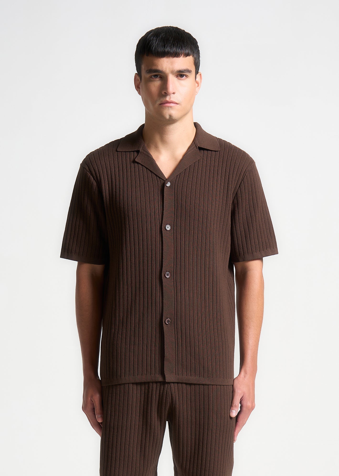 Ribbed Knit Revere Shirt - Brown