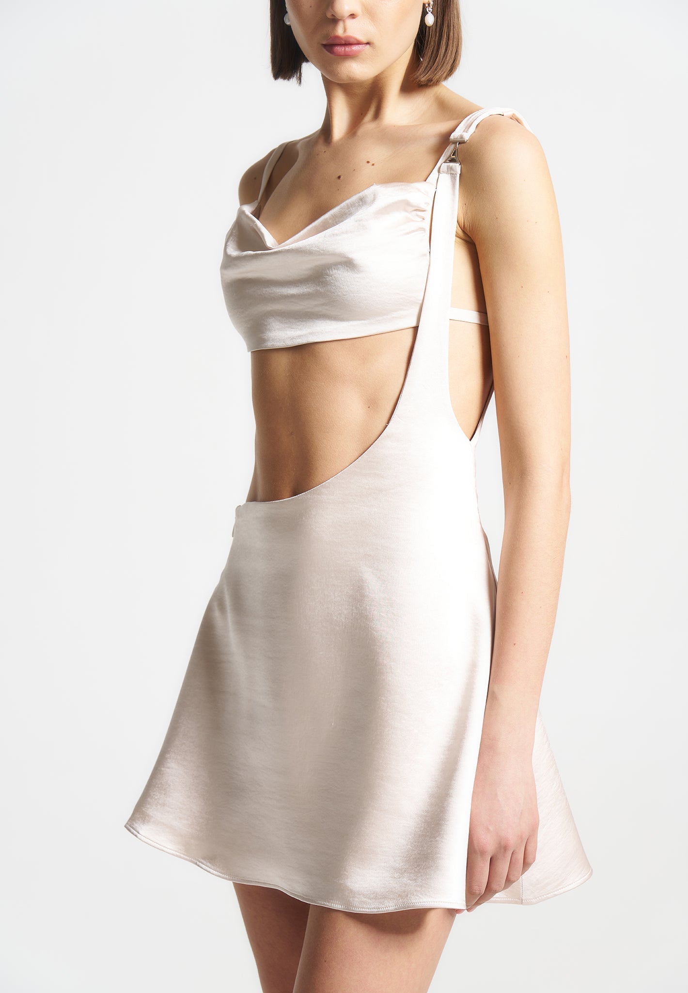 Satin Bralette Fluted Mini Dress - Pearl