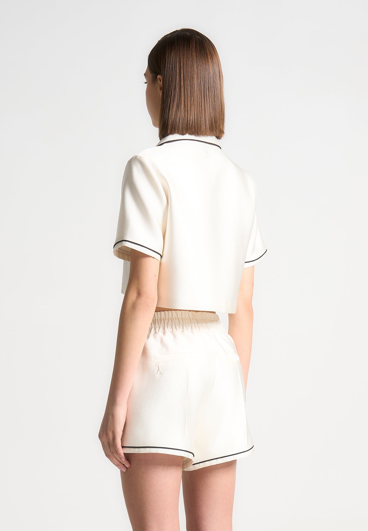 Satin Cropped Shirt with Piping - Cream