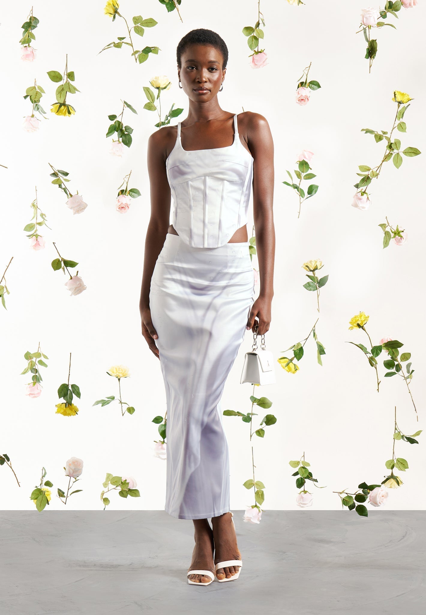 Satin Renaissance Body Print Midaxi Skirt - Off White