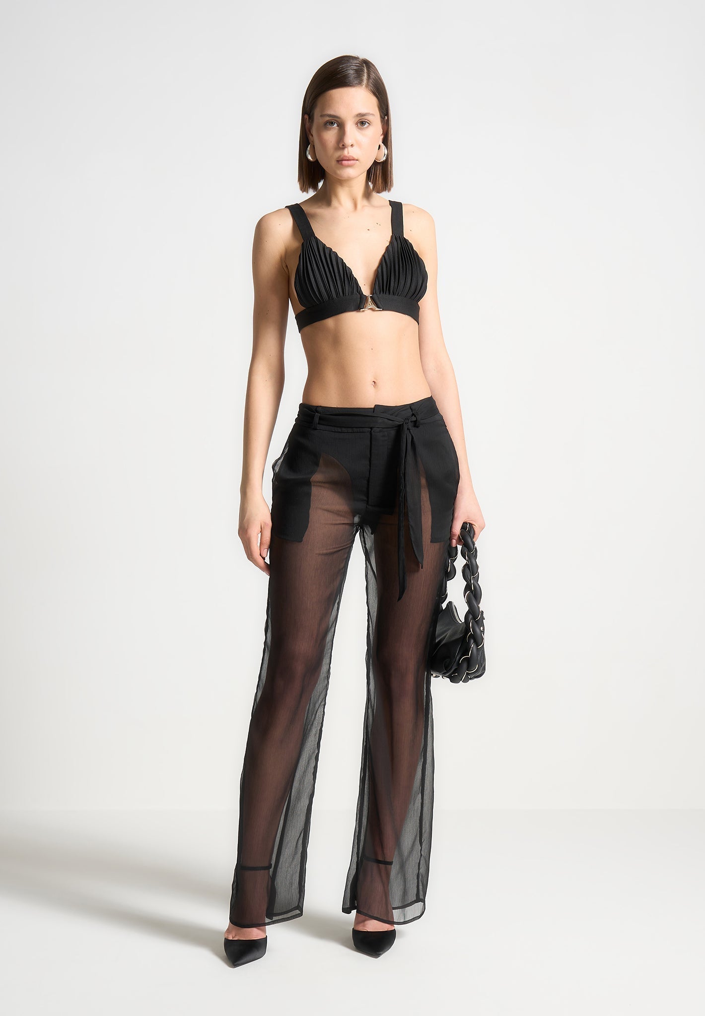 Sheer Belted Trousers - Black