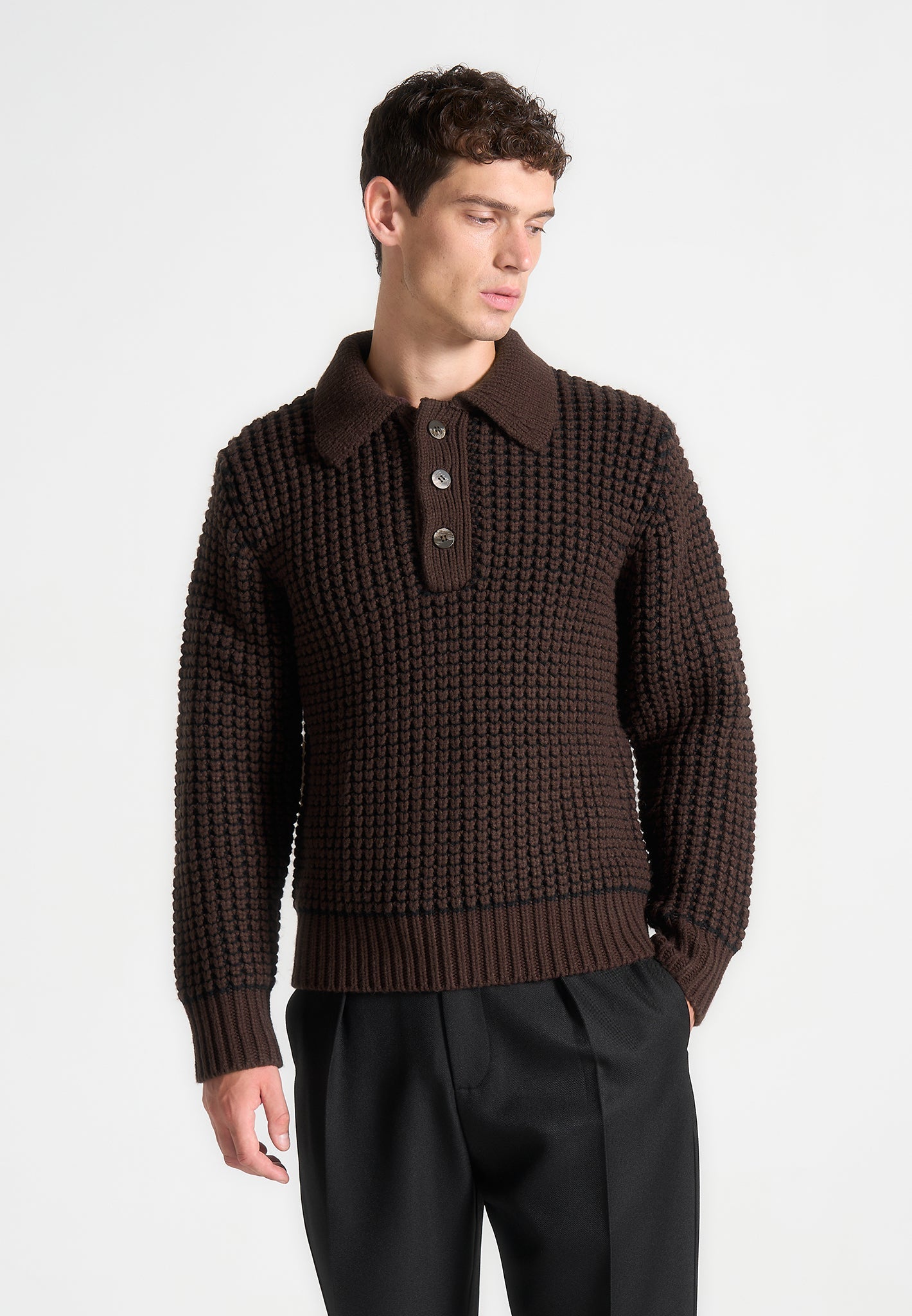 Textured Wool Knit Polo Jumper - Brown